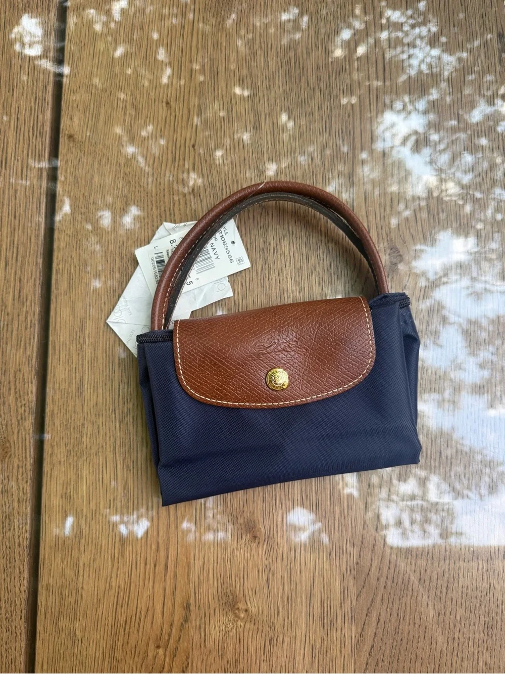 Longchamp Navy Blue Tote with Brown Leather Trim